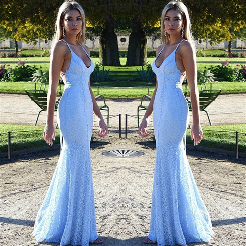 stylesnuggle offers Chic Open Back Lace Evening Dress Mermaid Spaghetti Straps Baby Blue Fomral Evening Dress at a cheap price from Satin, Lace to Mermaid Floor-length hem. Try on Gorgeous yet affordable Sleeveless Evening Dresses.