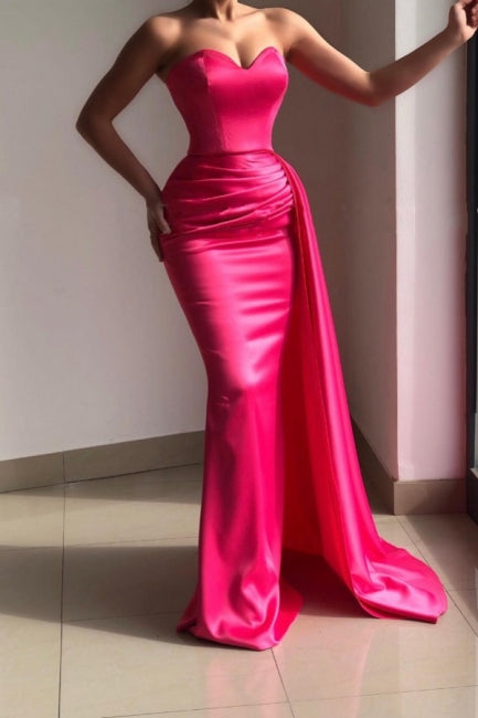 Chic Pink Strapless Sleeveless Mermaid Elastic Woven Satin Evening Dresses With Ruffles-stylesnuggle