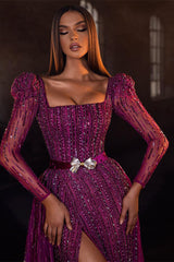 Chic Purple Square Prom Dress Mermaid Long Sleeves Beadings With Split-stylesnuggle