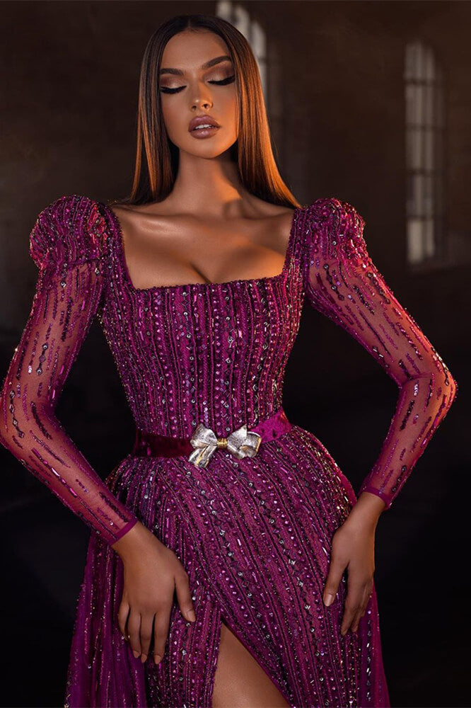 Chic Purple Square Prom Dress Mermaid Long Sleeves Beadings With Split-stylesnuggle