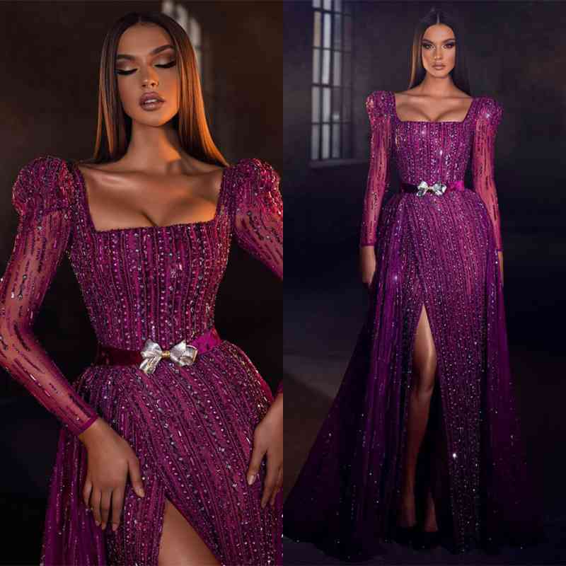 Chic Purple Square Prom Dress Mermaid Long Sleeves Beadings With Split-stylesnuggle