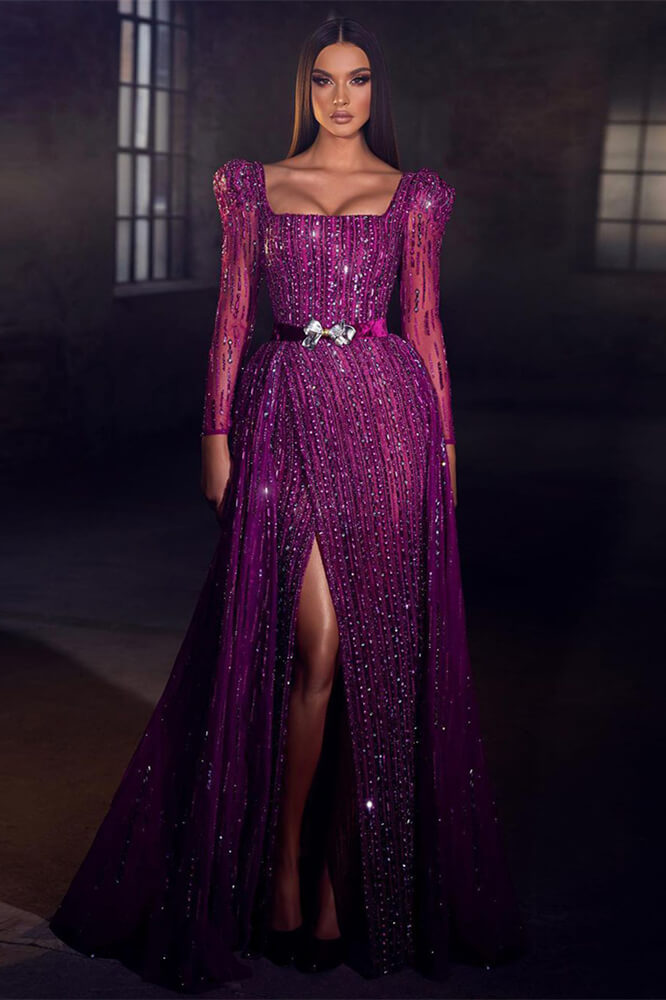 Chic Purple Square Prom Dress Mermaid Long Sleeves Beadings With Split-stylesnuggle