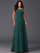 A-Line Charming Scoop Ruffles Sleeveless Long Chiffon Bridesmaid Dresses