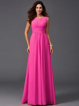 A-Line Charming Scoop Ruffles Sleeveless Long Chiffon Bridesmaid Dresses