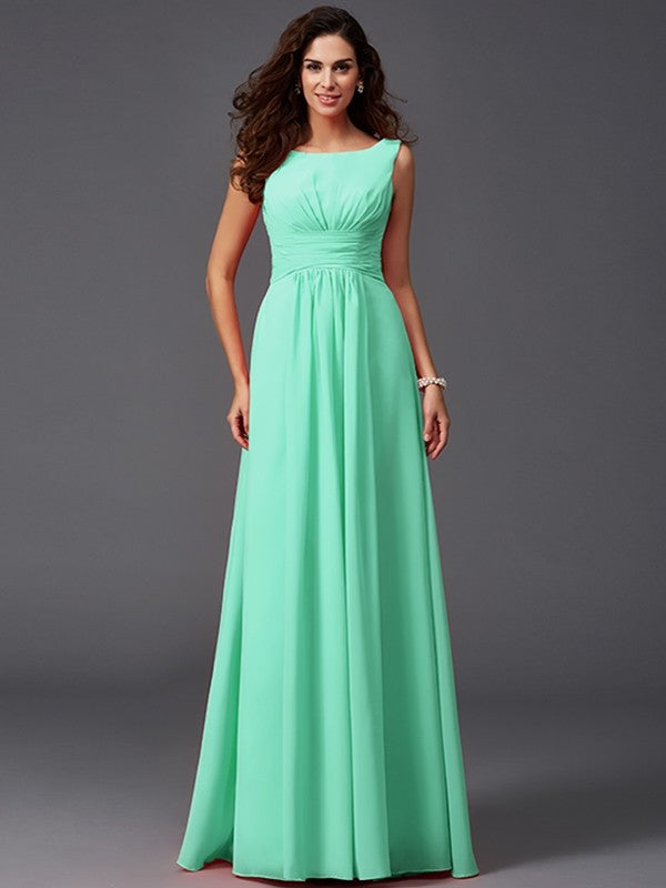 A-Line Charming Scoop Ruffles Sleeveless Long Chiffon Bridesmaid Dresses