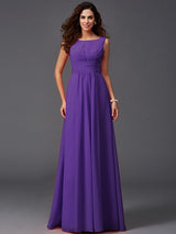 A-Line Charming Scoop Ruffles Sleeveless Long Chiffon Bridesmaid Dresses