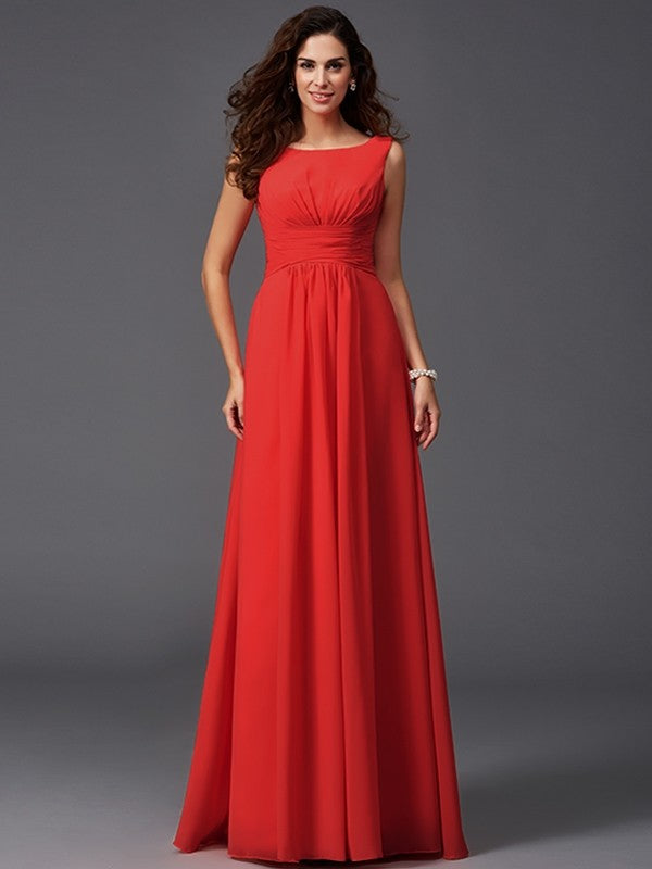 A-Line Charming Scoop Ruffles Sleeveless Long Chiffon Bridesmaid Dresses