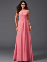 A-Line Charming Scoop Ruffles Sleeveless Long Chiffon Bridesmaid Dresses