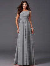 A-Line Charming Scoop Ruffles Sleeveless Long Chiffon Bridesmaid Dresses