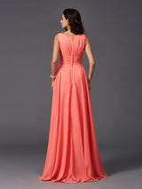 A-Line Charming Scoop Ruffles Sleeveless Long Chiffon Bridesmaid Dresses