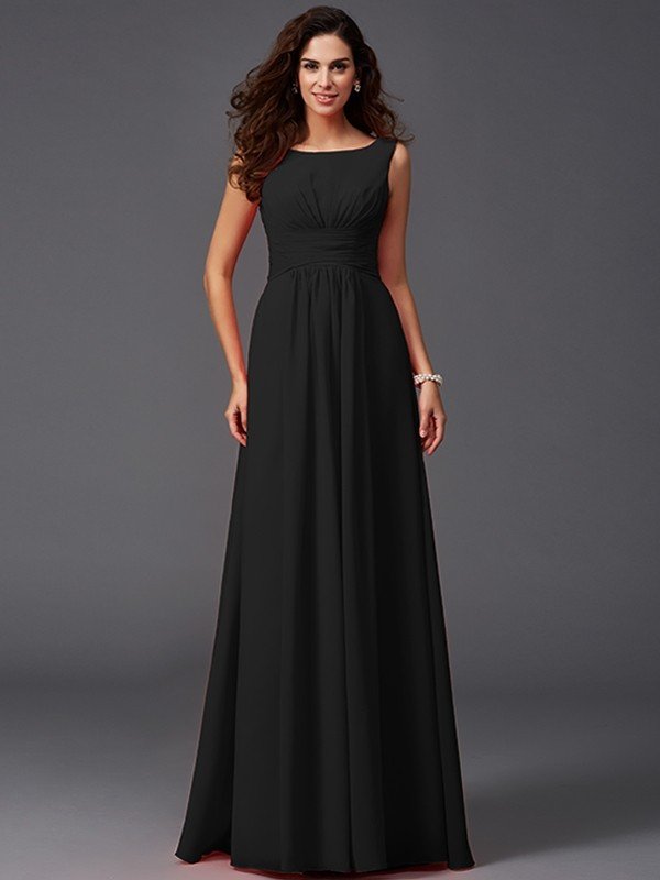 A-Line Charming Scoop Ruffles Sleeveless Long Chiffon Bridesmaid Dresses