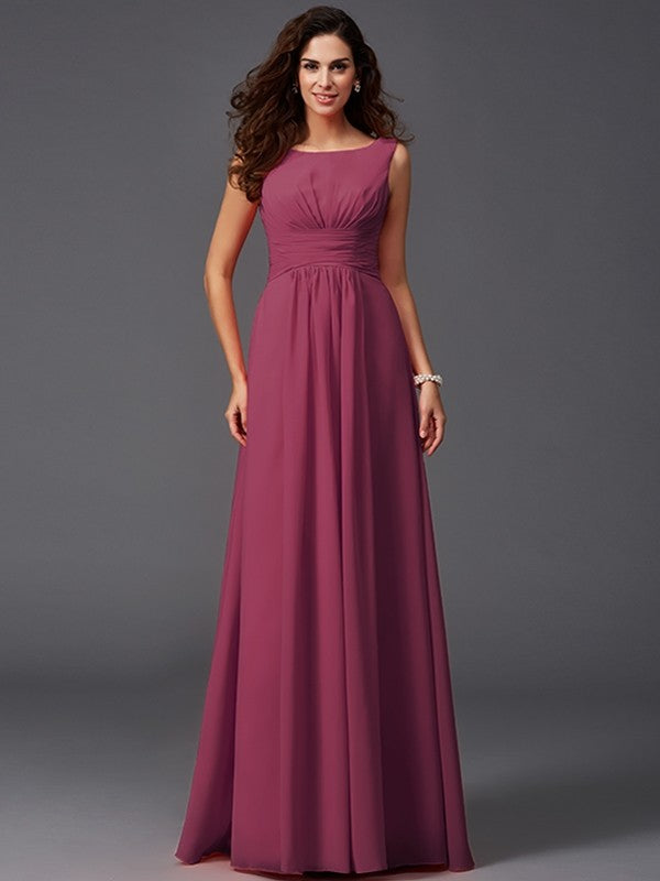 A-Line Charming Scoop Ruffles Sleeveless Long Chiffon Bridesmaid Dresses