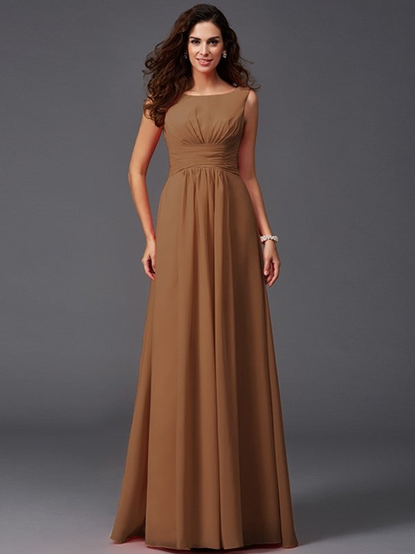 A-Line Charming Scoop Ruffles Sleeveless Long Chiffon Bridesmaid Dresses