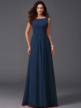 A-Line Charming Scoop Ruffles Sleeveless Long Chiffon Bridesmaid Dresses