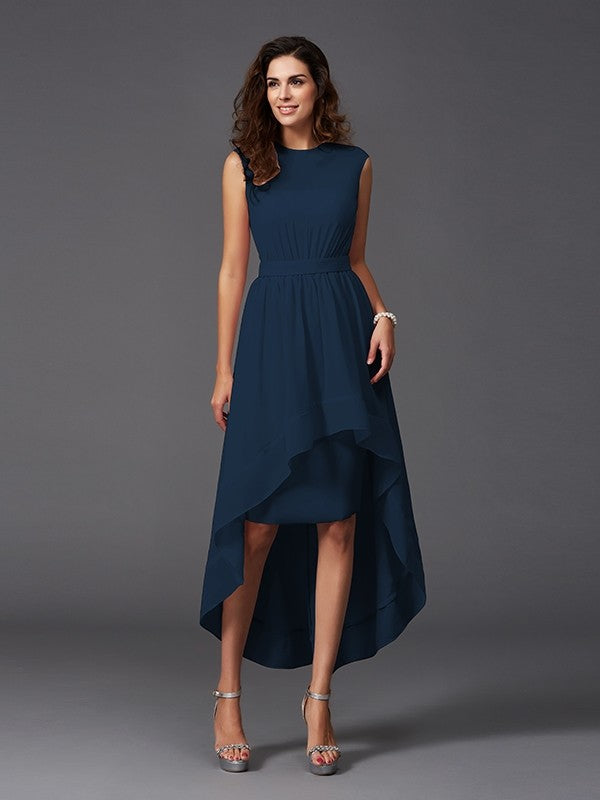 A-Line Charming Scoop Sash/Ribbon/Belt Sleeveless High Low Chiffon Bridesmaid Dresses