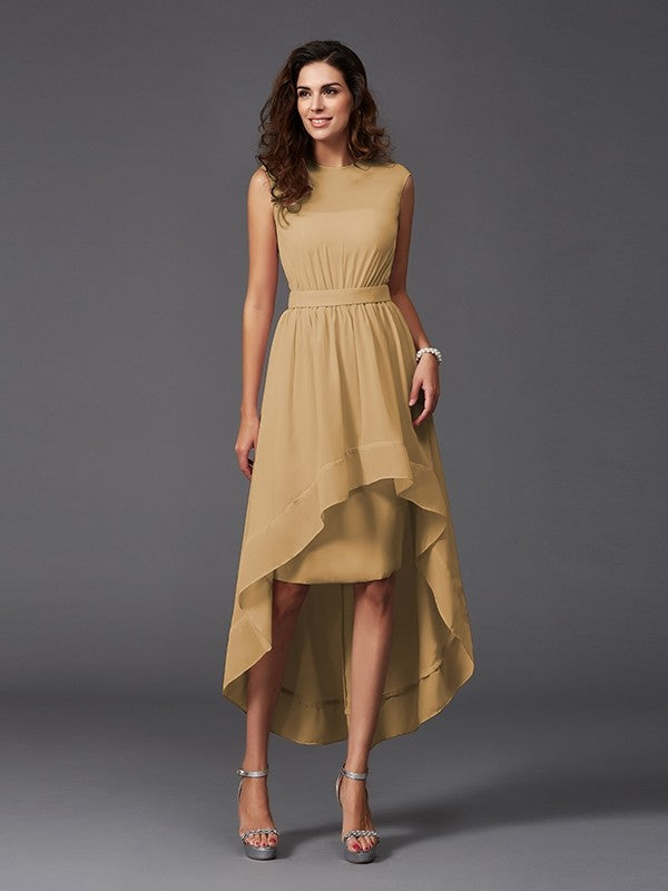 A-Line Charming Scoop Sash/Ribbon/Belt Sleeveless High Low Chiffon Bridesmaid Dresses