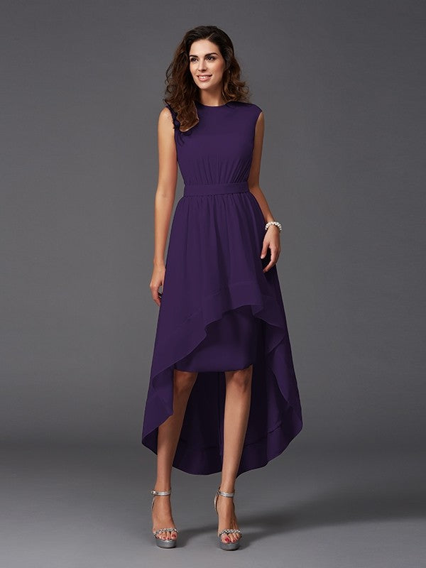 A-Line Charming Scoop Sash/Ribbon/Belt Sleeveless High Low Chiffon Bridesmaid Dresses