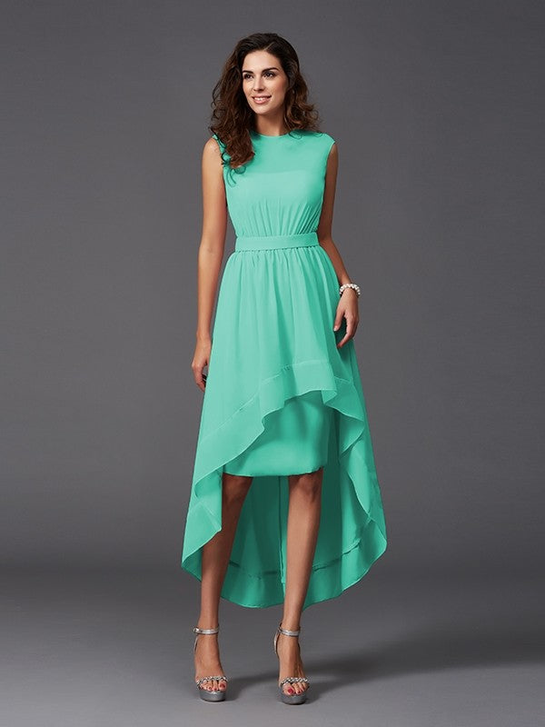 A-Line Charming Scoop Sash/Ribbon/Belt Sleeveless High Low Chiffon Bridesmaid Dresses