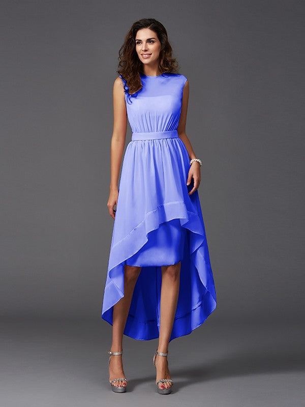 A-Line Charming Scoop Sash/Ribbon/Belt Sleeveless High Low Chiffon Bridesmaid Dresses