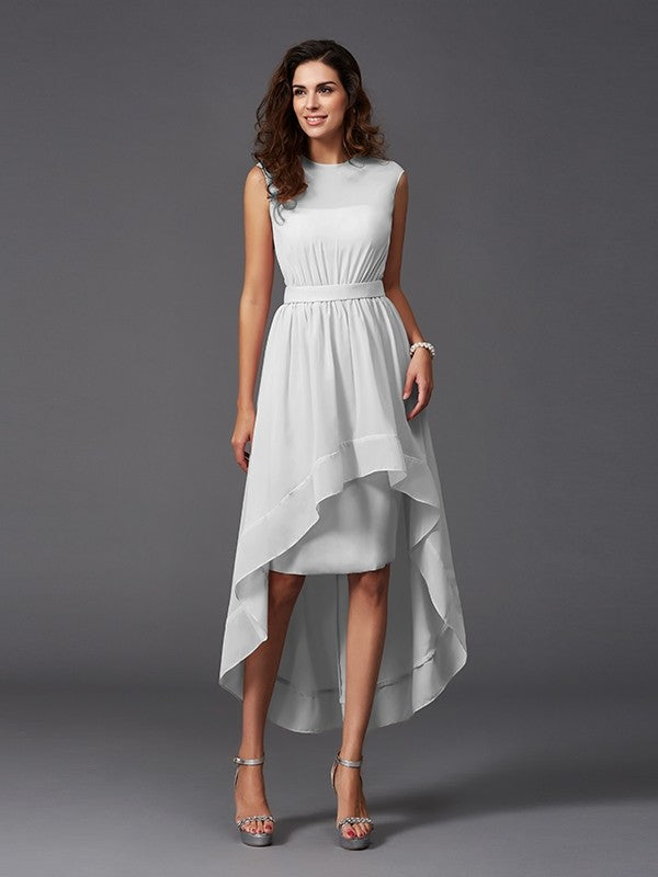 A-Line Charming Scoop Sash/Ribbon/Belt Sleeveless High Low Chiffon Bridesmaid Dresses