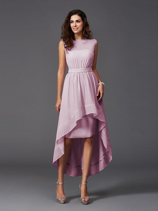 A-Line Charming Scoop Sash/Ribbon/Belt Sleeveless High Low Chiffon Bridesmaid Dresses