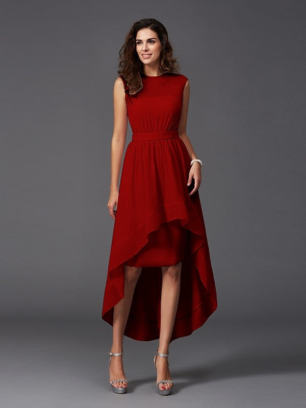 A-Line Charming Scoop Sash/Ribbon/Belt Sleeveless High Low Chiffon Bridesmaid Dresses