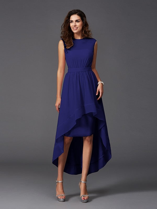 A-Line Charming Scoop Sash/Ribbon/Belt Sleeveless High Low Chiffon Bridesmaid Dresses