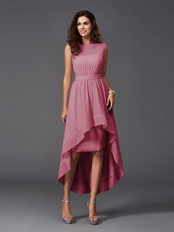 A-Line Charming Scoop Sash/Ribbon/Belt Sleeveless High Low Chiffon Bridesmaid Dresses