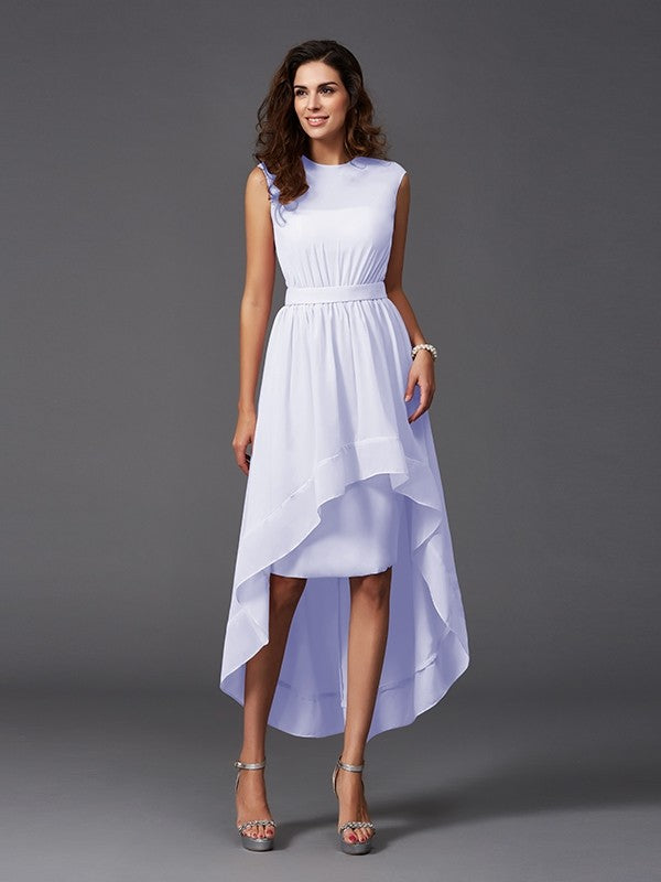 A-Line Charming Scoop Sash/Ribbon/Belt Sleeveless High Low Chiffon Bridesmaid Dresses