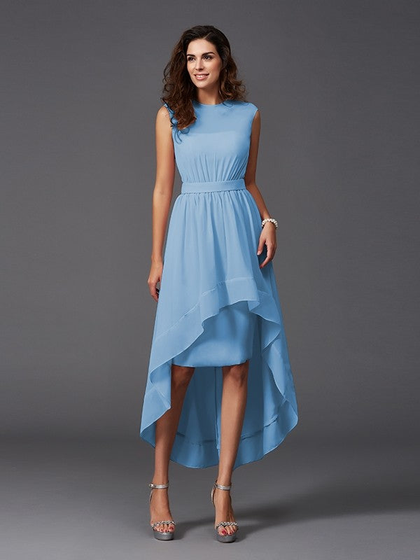 A-Line Charming Scoop Sash/Ribbon/Belt Sleeveless High Low Chiffon Bridesmaid Dresses