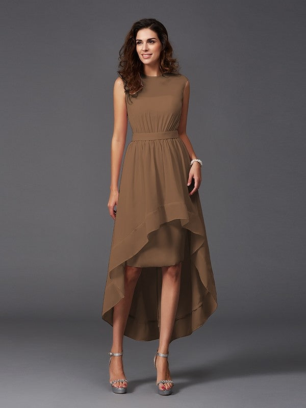 A-Line Charming Scoop Sash/Ribbon/Belt Sleeveless High Low Chiffon Bridesmaid Dresses