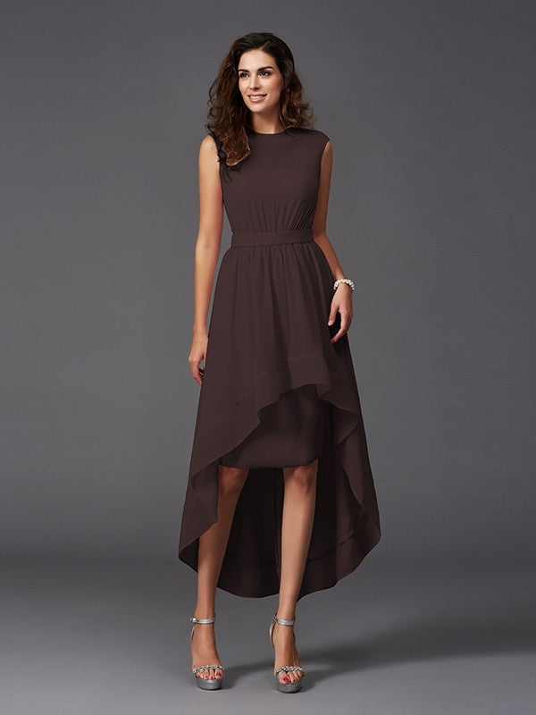 A-Line Charming Scoop Sash/Ribbon/Belt Sleeveless High Low Chiffon Bridesmaid Dresses