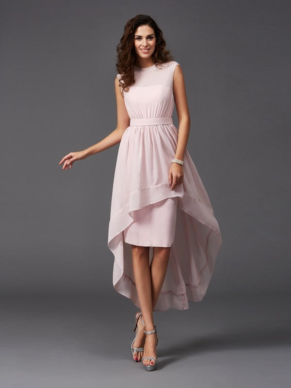 Chic Sash/Ribbon/Belt Sleeveless High Low Chiffon Bridesmaid Dresses