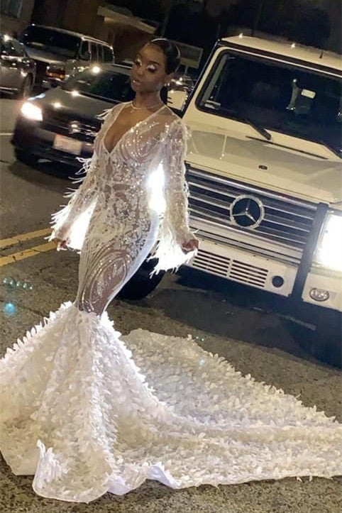 stylesnuggle offers Chic See-through V-neck Long Sleevess Mermaid Prom Party Gowns with Luxurious Train at price $399. Get this white sparkle dress to be the prom queen.