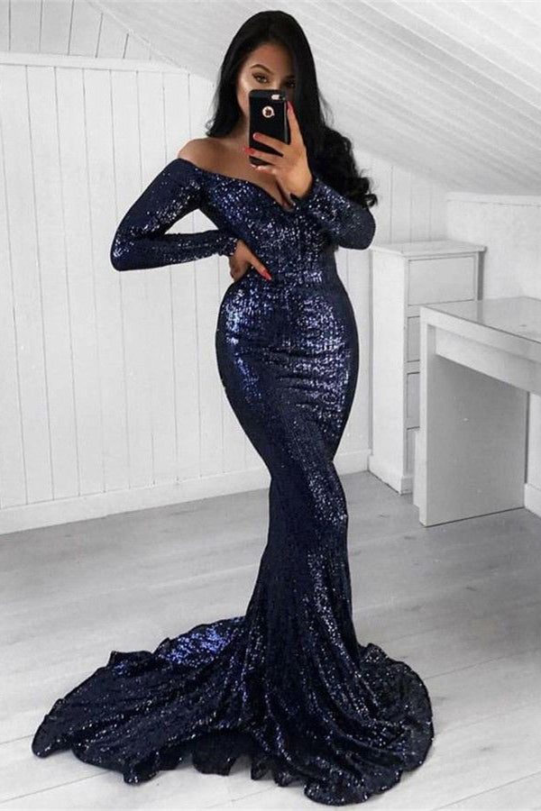 Chic Sequined Mermaid Long Sleeves Mermaid Off Shoulder Prom Party Gowns-stylesnuggle