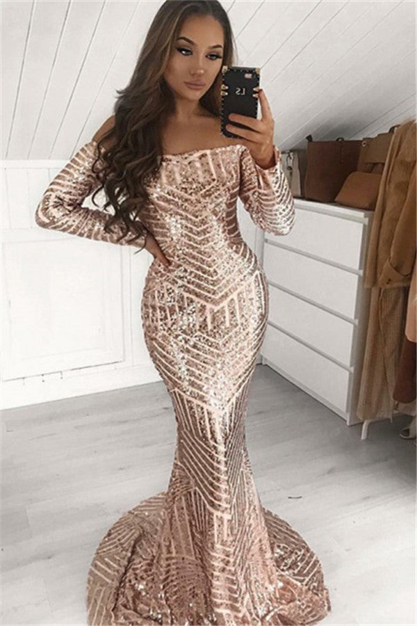 Shop Chic Sequins Off-The-Shoulder Long-Sleeves Mermaid Prom Dresses at stylesnuggle.com today,  extra free coupons available for sexy mermaid prom dresses collection,  you will never wanna miss it.