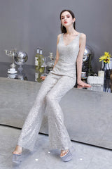 Looking for Prom Dresses, Evening Dresses, Homecoming Dresses, Quinceanera dresses in Sequined,  style,  and Gorgeous Sequined work? stylesnuggle has all covered on this elegant Chic Shining V-neck Silver Sequin Sleeveless Prom Jumpsuit.