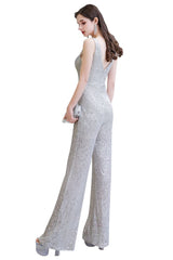 Looking for Prom Dresses, Evening Dresses, Homecoming Dresses, Quinceanera dresses in Sequined,  style,  and Gorgeous Sequined work? stylesnuggle has all covered on this elegant Chic Shining V-neck Silver Sequin Sleeveless Prom Jumpsuit.