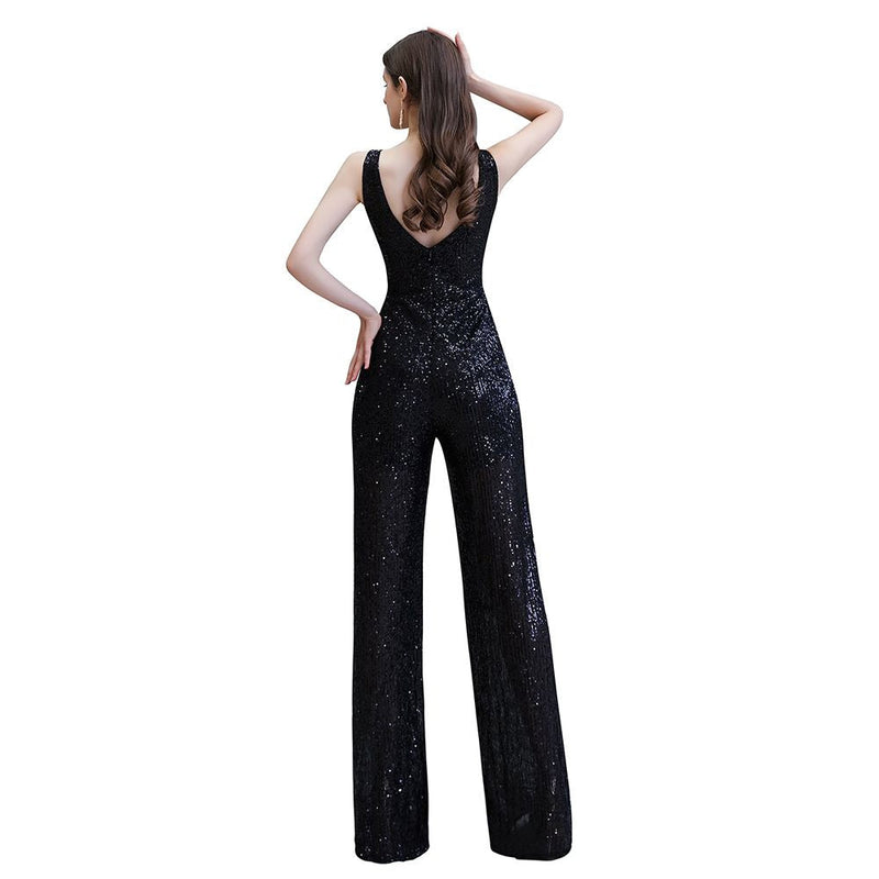 Looking for Prom Dresses, Evening Dresses, Homecoming Dresses, Quinceanera dresses in Sequined,  style,  and Gorgeous Sequined work? stylesnuggle has all covered on this elegant Chic Shining V-neck Silver Sequin Sleeveless Prom Jumpsuit.