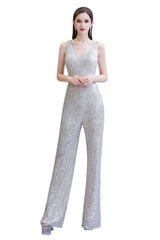 Looking for Prom Dresses, Evening Dresses, Homecoming Dresses, Quinceanera dresses in Sequined,  style,  and Gorgeous Sequined work? stylesnuggle has all covered on this elegant Chic Shining V-neck Silver Sequin Sleeveless Prom Jumpsuit.