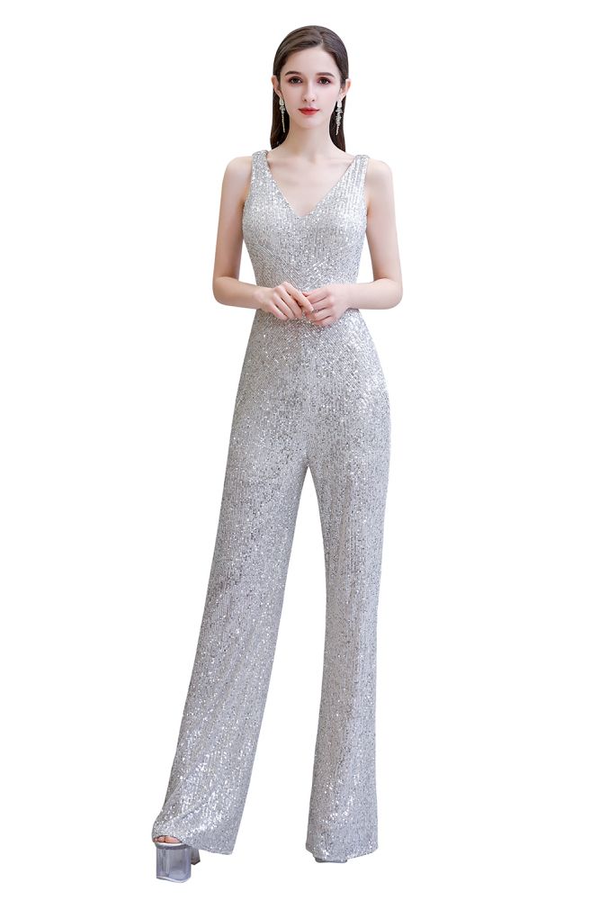 Looking for Prom Dresses, Evening Dresses, Homecoming Dresses, Quinceanera dresses in Sequined,  style,  and Gorgeous Sequined work? stylesnuggle has all covered on this elegant Chic Shining V-neck Silver Sequin Sleeveless Prom Jumpsuit.