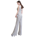 Looking for Prom Dresses, Evening Dresses, Homecoming Dresses, Quinceanera dresses in Sequined,  style,  and Gorgeous Sequined work? stylesnuggle has all covered on this elegant Chic Shining V-neck Silver Sequin Sleeveless Prom Jumpsuit.