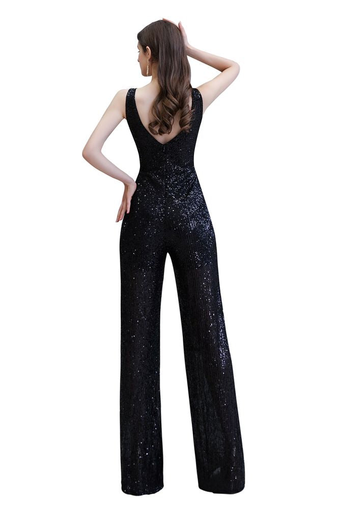 Looking for Prom Dresses, Evening Dresses, Homecoming Dresses, Quinceanera dresses in Sequined,  style,  and Gorgeous Sequined work? stylesnuggle has all covered on this elegant Chic Shining V-neck Silver Sequin Sleeveless Prom Jumpsuit.