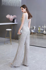 Looking for Prom Dresses, Evening Dresses, Homecoming Dresses, Quinceanera dresses in Sequined,  style,  and Gorgeous Sequined work? stylesnuggle has all covered on this elegant Chic Shining V-neck Silver Sequin Sleeveless Prom Jumpsuit.