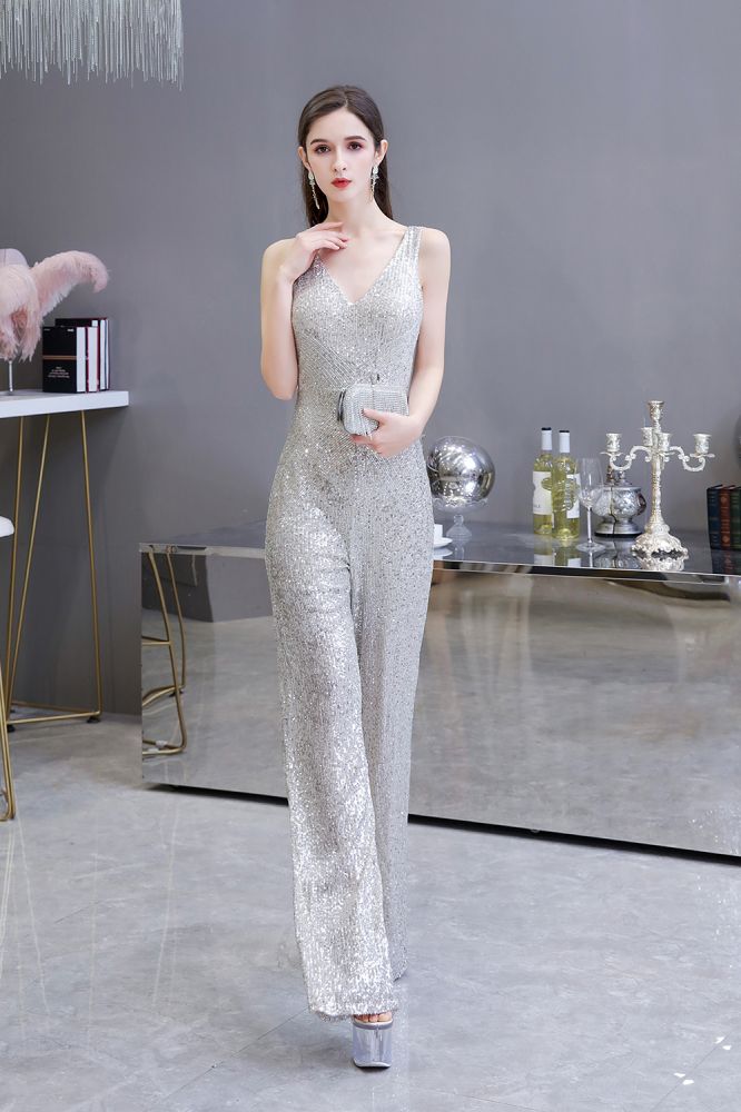 Looking for Prom Dresses, Evening Dresses, Homecoming Dresses, Quinceanera dresses in Sequined,  style,  and Gorgeous Sequined work? stylesnuggle has all covered on this elegant Chic Shining V-neck Silver Sequin Sleeveless Prom Jumpsuit.