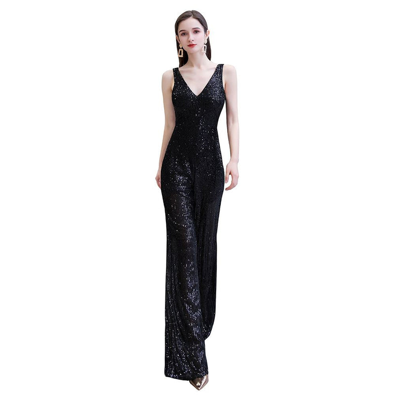 Looking for Prom Dresses, Evening Dresses, Homecoming Dresses, Quinceanera dresses in Sequined,  style,  and Gorgeous Sequined work? stylesnuggle has all covered on this elegant Chic Shining V-neck Silver Sequin Sleeveless Prom Jumpsuit.