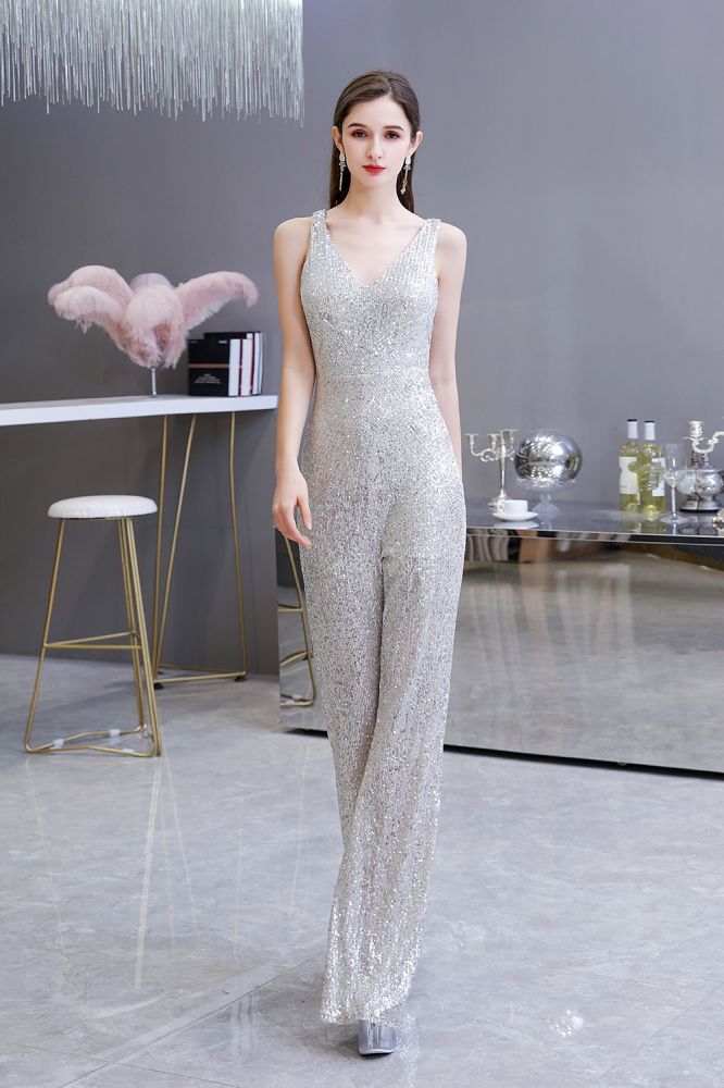 Looking for Prom Dresses, Evening Dresses, Homecoming Dresses, Quinceanera dresses in Sequined,  style,  and Gorgeous Sequined work? stylesnuggle has all covered on this elegant Chic Shining V-neck Silver Sequin Sleeveless Prom Jumpsuit.