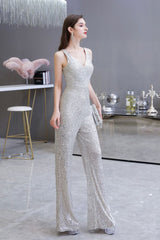 Looking for Prom Dresses, Evening Dresses, Homecoming Dresses, Quinceanera dresses in Sequined,  style,  and Gorgeous Sequined work? stylesnuggle has all covered on this elegant Chic Shining V-neck Silver Sequin Sleeveless Prom Jumpsuit.