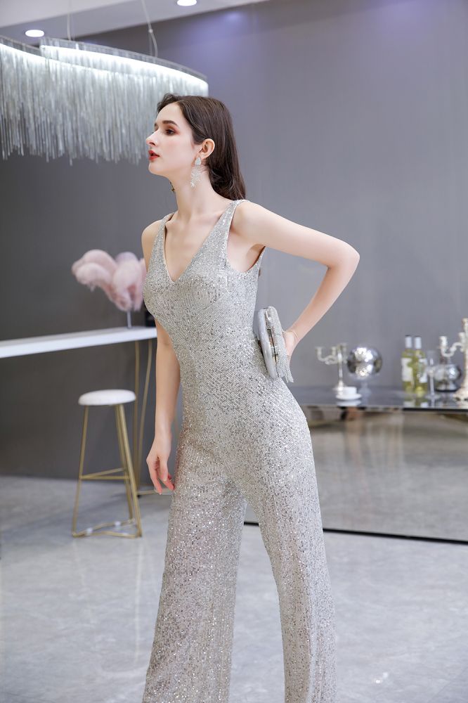 Looking for Prom Dresses, Evening Dresses, Homecoming Dresses, Quinceanera dresses in Sequined,  style,  and Gorgeous Sequined work? stylesnuggle has all covered on this elegant Chic Shining V-neck Silver Sequin Sleeveless Prom Jumpsuit.