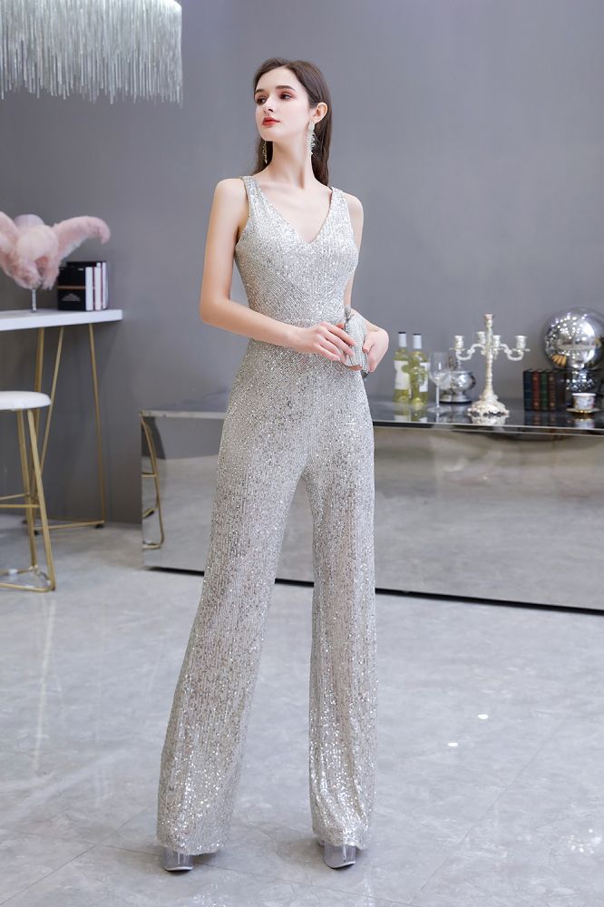 Looking for Prom Dresses, Evening Dresses, Homecoming Dresses, Quinceanera dresses in Sequined,  style,  and Gorgeous Sequined work? stylesnuggle has all covered on this elegant Chic Shining V-neck Silver Sequin Sleeveless Prom Jumpsuit.